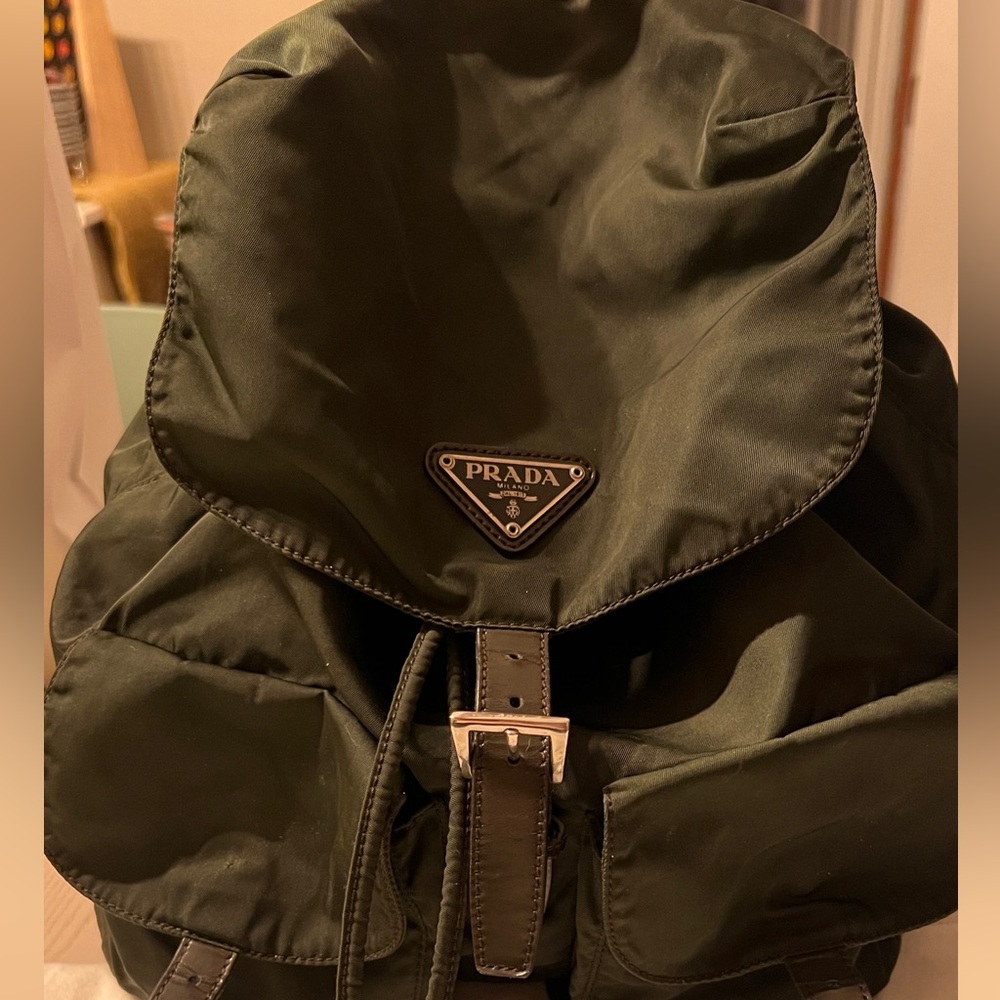 Authentic! Prada Tessuto Hobo Dark Green/Brown Leather Backpack 💚